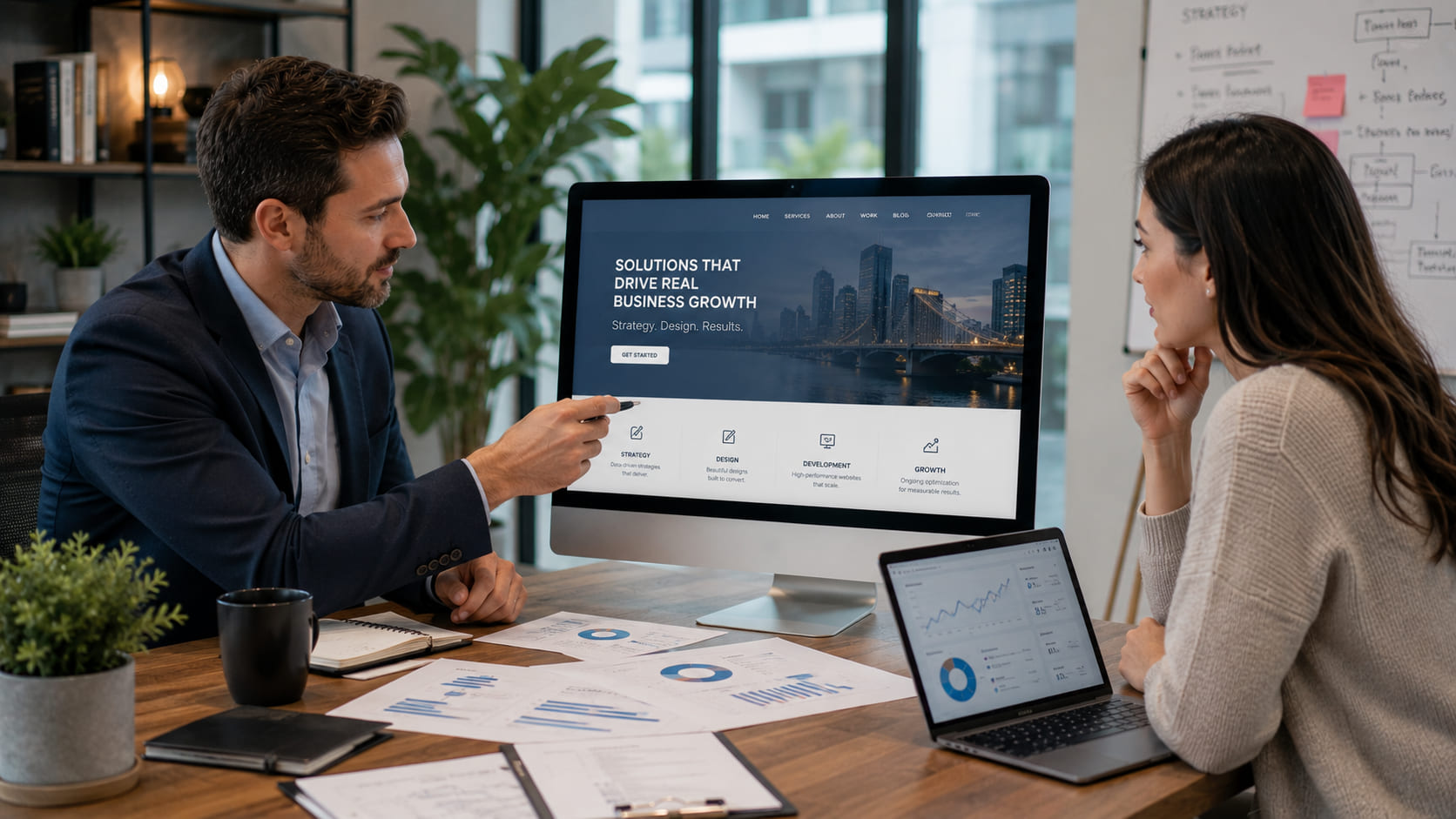 Business professionals reviewing a website built for lead generation and growth